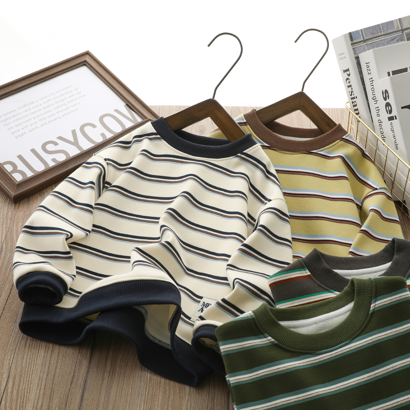 男童加绒卫衣秋冬款撞色条纹纯棉中大童保暖运动韩版帅气休闲上衣