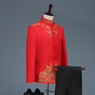 青年中山装立领唐装中式新郎礼服晚会主持司仪服装民族西服套装男