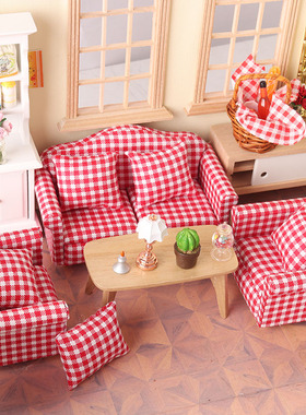 里左拉 微缩食玩红色格子沙发套装迷你模型1:12分ob11娃娃屋家具