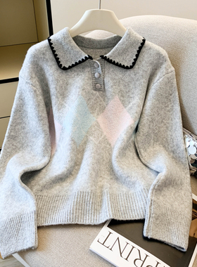 复古学院风Polo翻领菱格灰色洋气宽松慵懒风套头针织毛衣女设计感