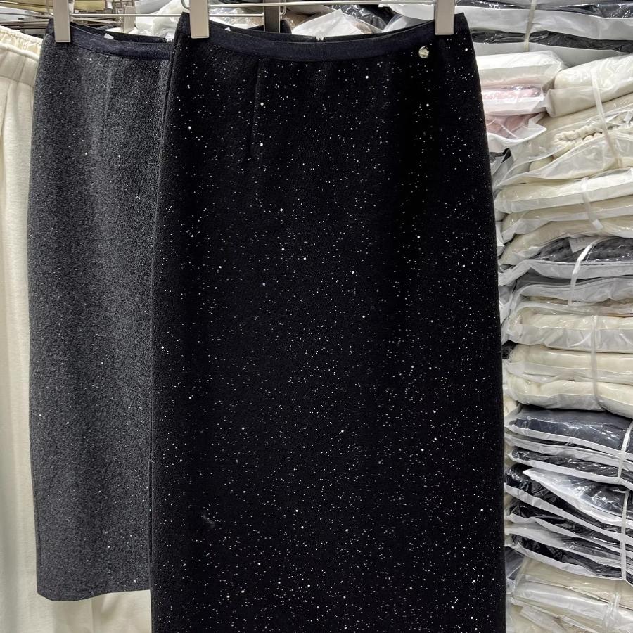 欧货毛呢闪银亮片半身裙女冬季新款A字一步裙中长款后开叉包臀裙