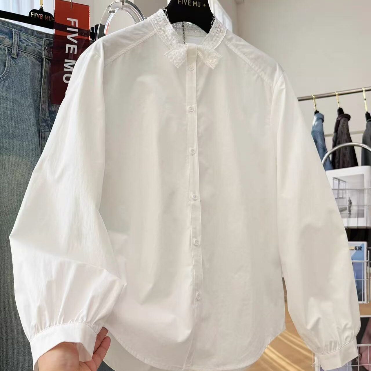 韩系蝴蝶结立领白色纯棉衬衫女春秋装高级感轻奢减龄洋气长袖小衫