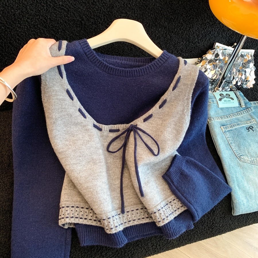 韩系穿搭复古针织叠穿马甲两件套女2025秋冬季别致独特小个子上衣