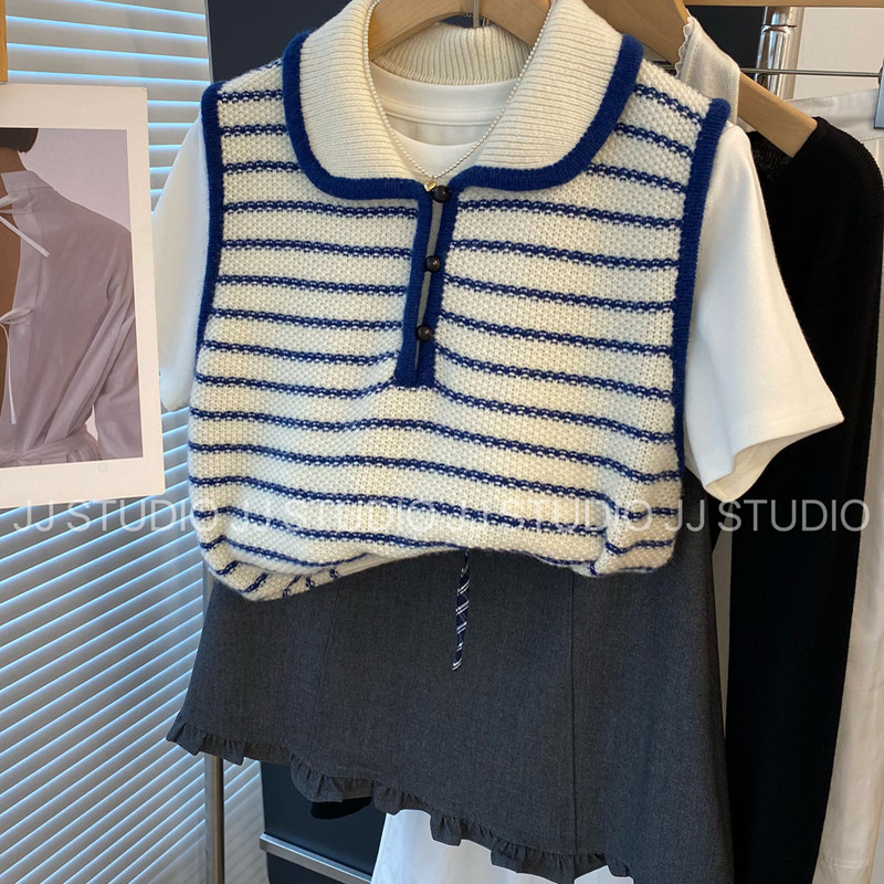 复古甜美 韩国东大门拼色小翻领宽松条纹针织背心女秋季毛衣马甲