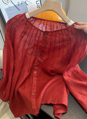 CHAO级推荐！文艺国风复古红色重工压褶苎麻衬衫女2025年秋季新款