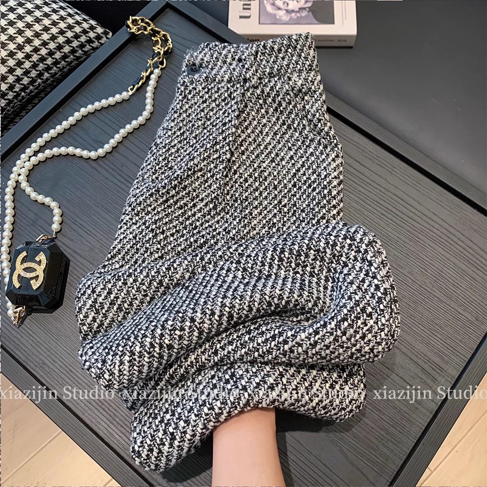 小香风阔腿裤女秋季2024年新款复古直筒粗花毛呢高级感休闲裤子