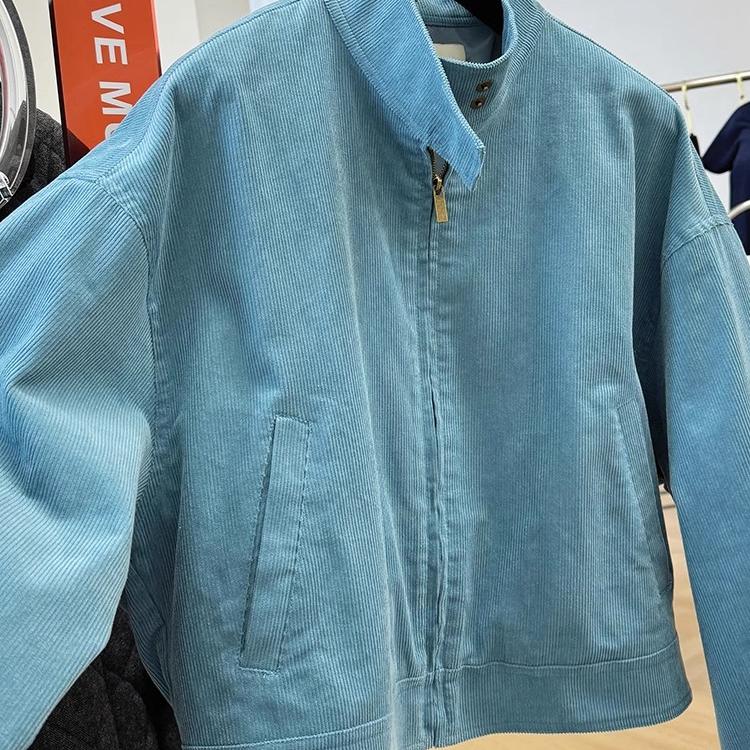 秋冬欧货灯芯绒无帽立领短外套女宽松设计感别致百搭气质夹克上衣