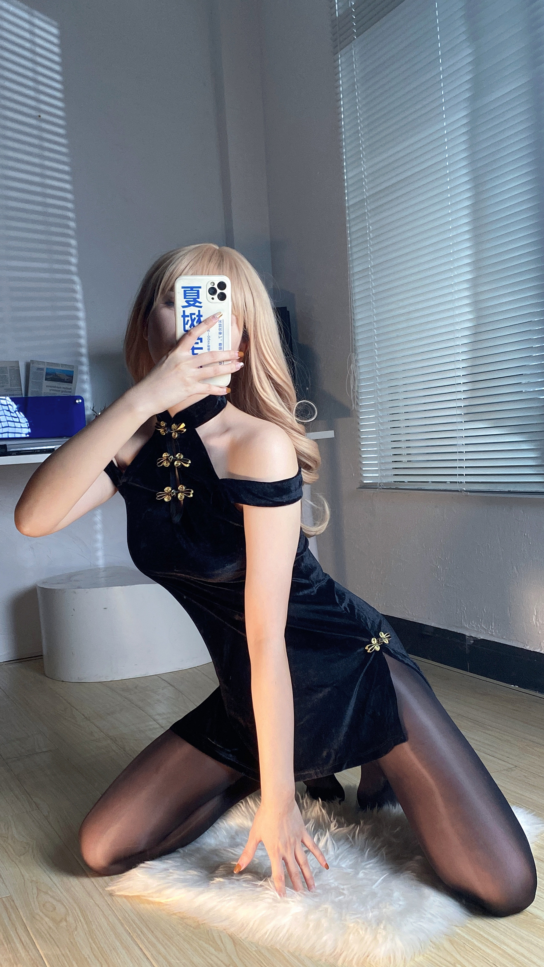 「夏树学姐」黑丝绒民国风旗袍长裙睡衣套装气质性感黑色包臀收腰