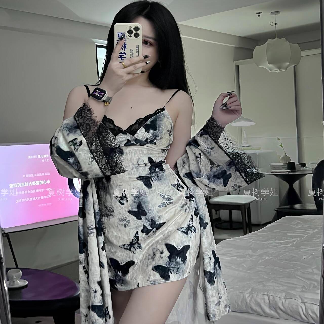 「夏树学姐」水墨蝶D性感蕾丝连衣裙套装印花纯欲诱惑女士网红