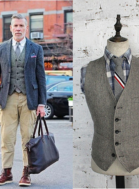 Nikc wooster同款马甲秋冬保暖羊毛人字呢英伦复古马夹男加大码潮