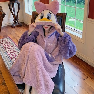 新款2025唐老鸭睡袍珊瑚绒睡衣女冬季毛绒绒浴袍甜美公主卡通睡裙