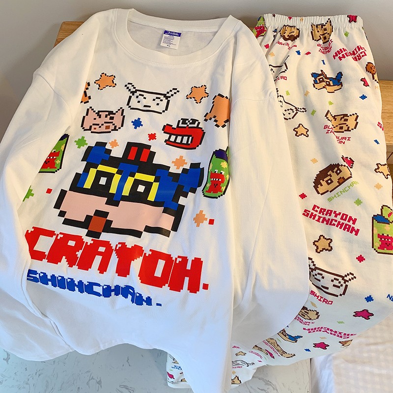 积木蜡笔小新睡衣女款秋冬季纯棉圆领男士宽松长袖长裤学生两件套