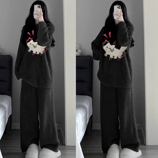 韩国ins可爱猫咪加厚半边绒睡衣女款冬季长袖珊瑚绒可外穿家居服