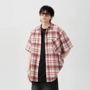 夏季日系中性格纹短袖衬衫男式潮牌百搭宽松格子半袖情侣衬衣批发