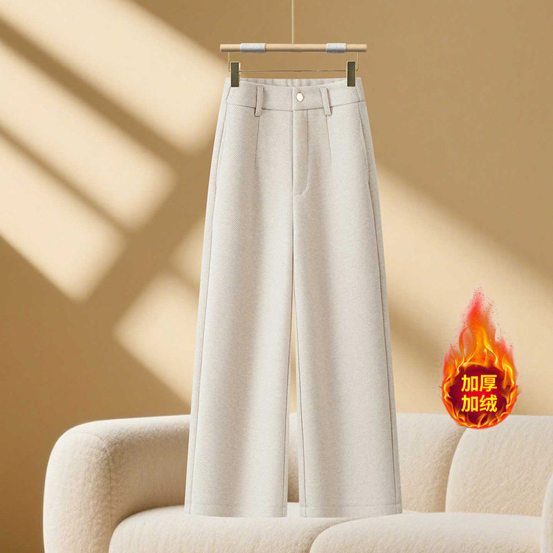 醋酸羊毛加绒米白色阔腿裤女2025秋冬季新款休闲加厚毛呢直筒裤子,女装/女士精品,休闲裤,淘宝优惠券,粉丝福利购,淘宝优惠卷