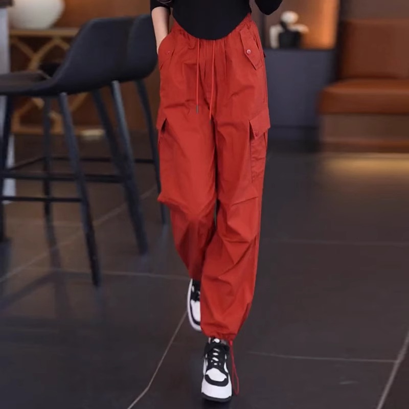 美式红色工装裤女2025新款春秋季宽松束脚直筒裤女夏季高腰运动裤