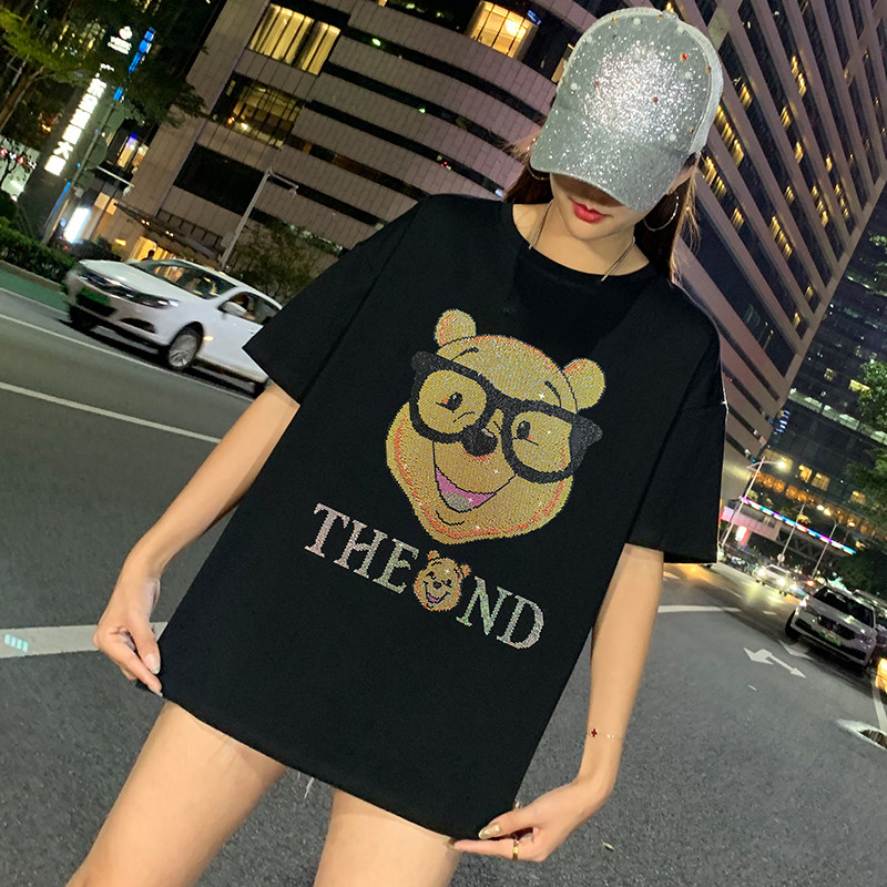 欧货大版潮牌欧洲站维尼熊重工烫钻短袖T恤女夏季中长款上衣女