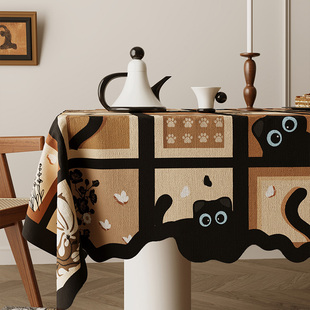 异形餐桌布中古风防水防烫桌垫新款 黑猫茶几布长方形桌面保护台布
