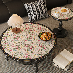 小茶几圆桌垫防水防油免洗桌布美式 高级感防烫皮革圆弧形茶几台布