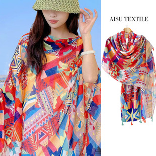 复古拼接波西米亚流苏披肩民族风盘扣加长围巾薄款夏季防晒沙滩巾