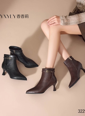 香香莉女鞋2025冬季新款32250粗跟中跟短靴女靴子侧拉链时装靴