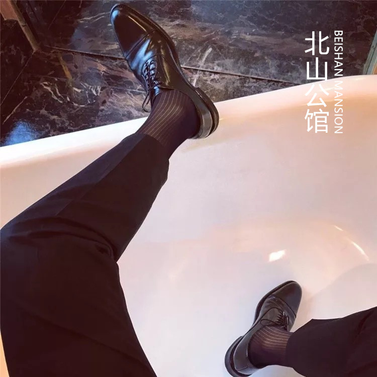 北山公馆欧美超薄男士中筒性感细条纹老式锦纶日本商务正装男丝袜