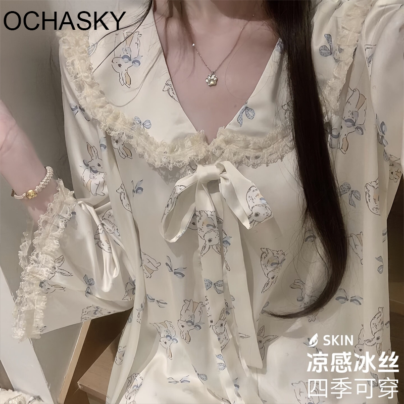 维多利亚风真丝睡衣女款2026新款冰丝甜美可爱带胸垫四件套家居服