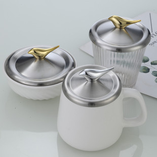 不锈钢杯盖卡通防尘马克杯盖子保温圆形水杯盖茶杯盖碗多口径单卖