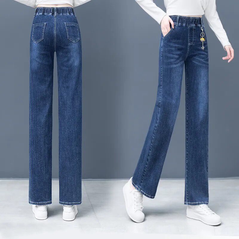 2026春季中年妈妈修身直筒牛仔裤女新款高腰显瘦弹力窄版阔腿裤