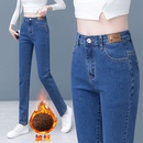 弹力烟管裤 2025高腰单裤 宽松显瘦直筒裤 女秋冬新款 加绒加厚牛仔裤