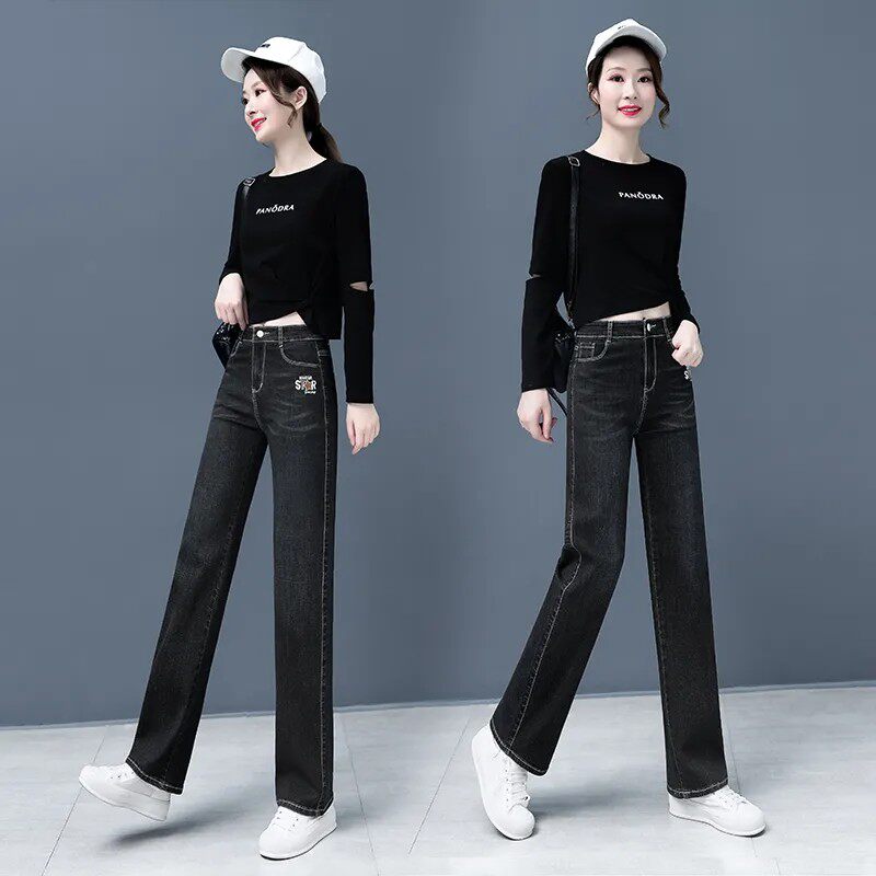 2026春季新款中年妈妈百搭直筒牛仔裤女高腰弹力显瘦窄版直筒裤