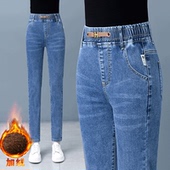 加绒加厚松紧腰牛仔裤 女2025新款 弹力修身 秋冬高腰单裤 显瘦小脚裤