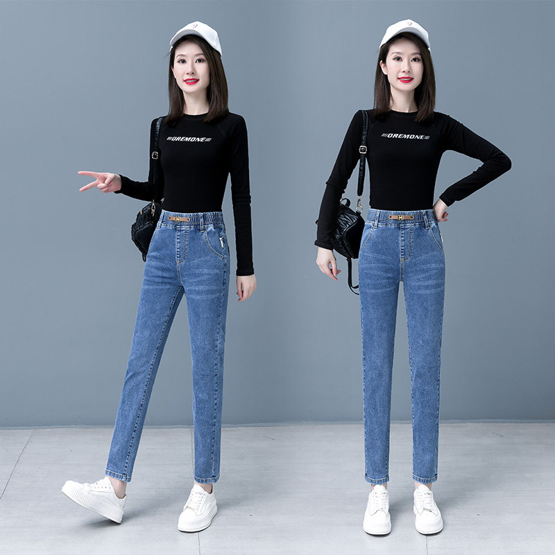 2026春季新款高腰松紧腰中年妈妈修身牛仔裤女弹力显瘦小脚铅笔裤