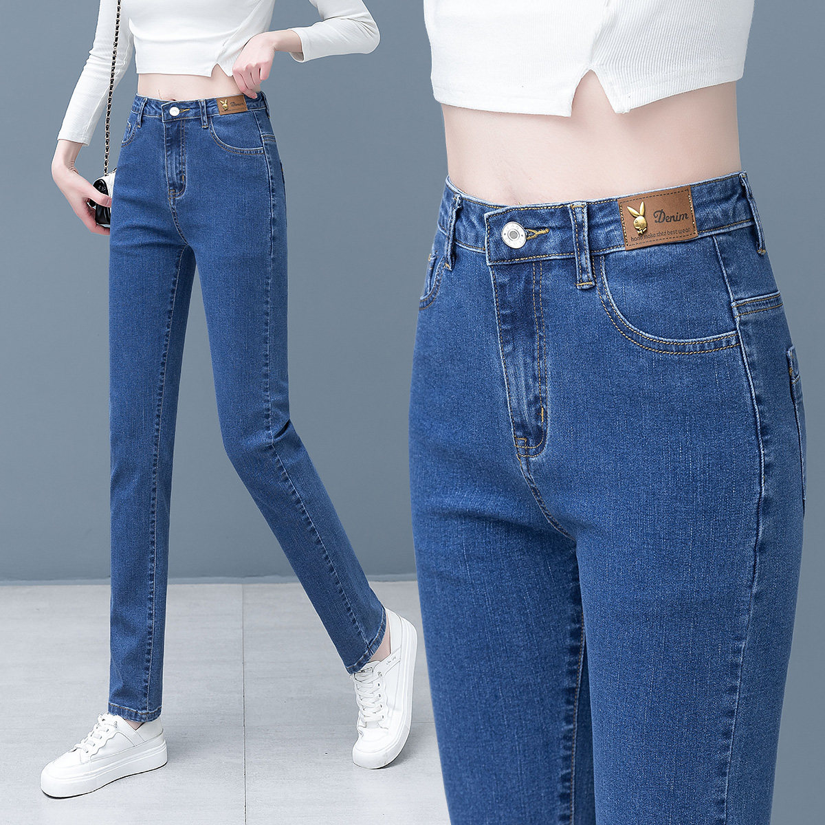 2026春季新款中年妈妈牛仔裤女高腰显瘦窄版直筒裤弹力宽松烟管裤