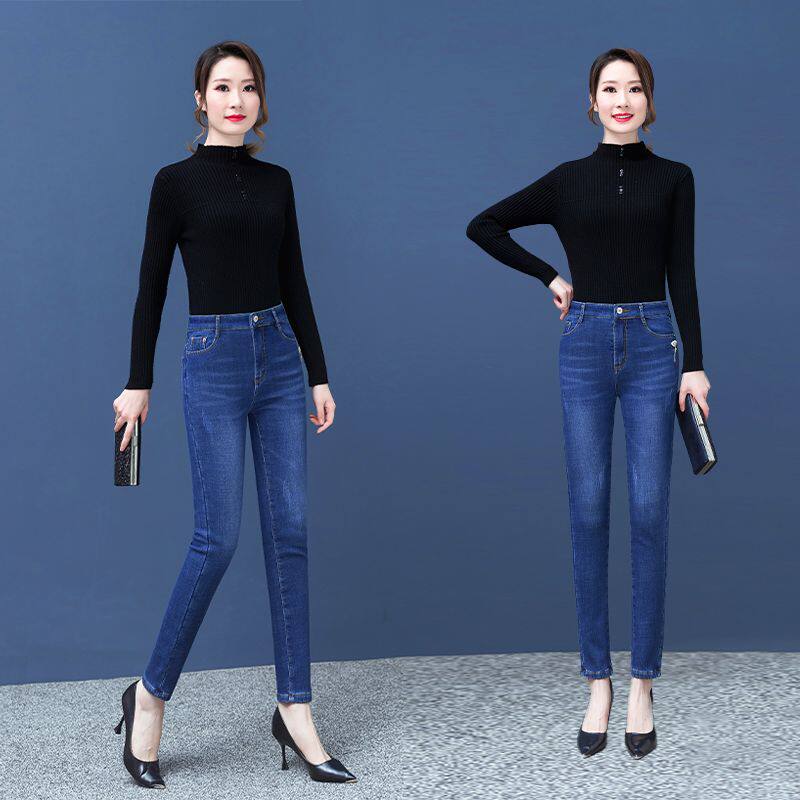 2026春季新款中年妈妈百搭牛仔裤女高腰弹力修身显瘦小脚铅笔裤