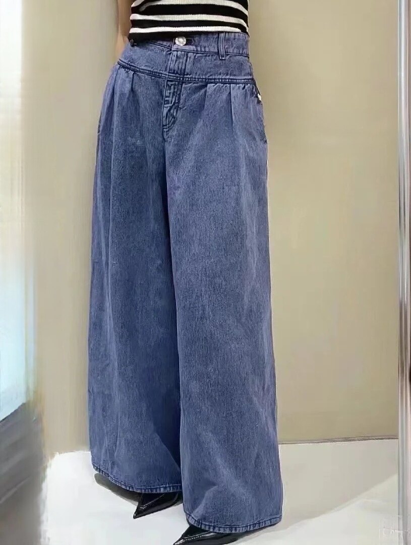 小香风水洗牛仔裤高腰百搭阔脚裤子春夏秋宽松舒适显瘦时尚九分裤