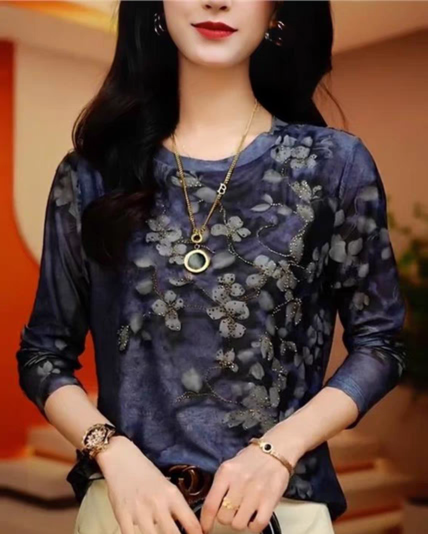春夏秋双层网纱印花烫钻花色气质T恤女高级感圆领长袖上衣有弹力