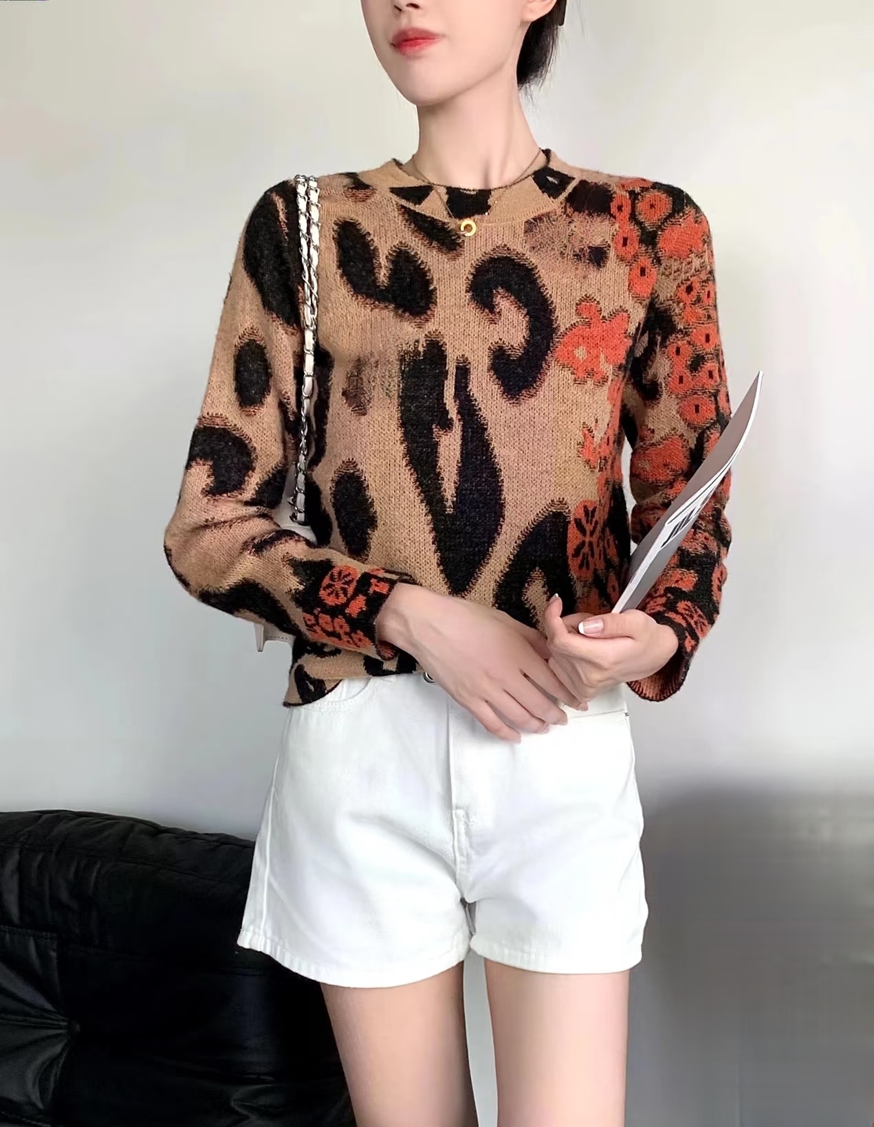 羊绒马海毛豹纹针织衫高级感撞色圆领长袖毛衣上衣