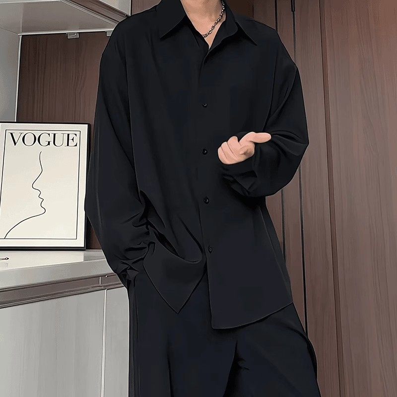宽松黑色长袖衬衫男款垂感春秋冷淡系高级感衬衣青春流行男装外套