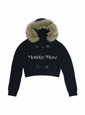 自有工厂/还原版/RA欧阳娜娜同款连帽大毛领牛角扣针织毛衣短外套