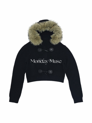 自有工厂/还原版/RA欧阳娜娜同款连帽大毛领牛角扣针织毛衣短外套