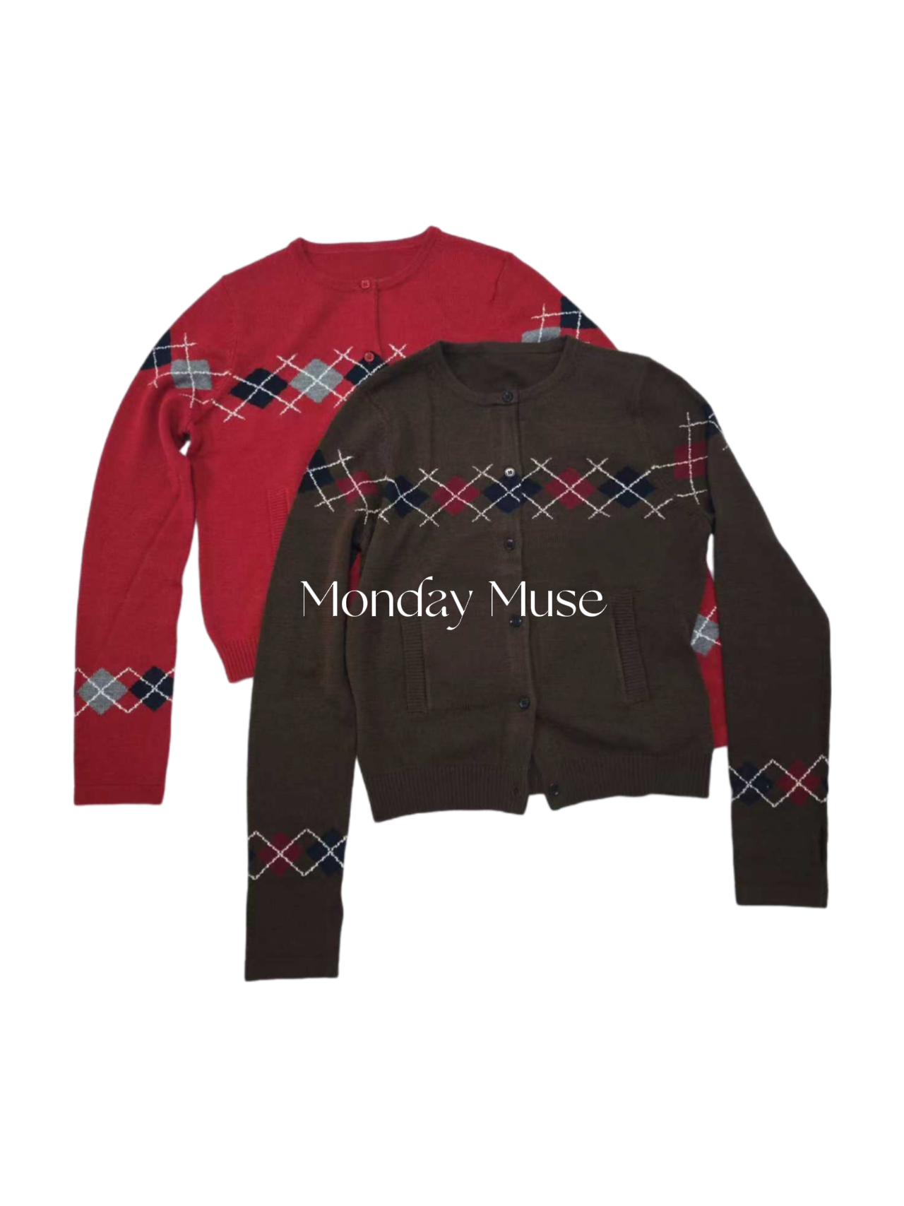 自有工厂/还原版/菱格纹混纺开衫女款咖色/红色 经典复古修身毛衣