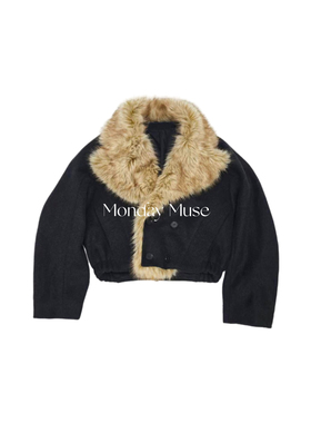 自有工厂/可比对/拼接皮草毛呢短大衣外套宽松保暖上衣25冬季新款