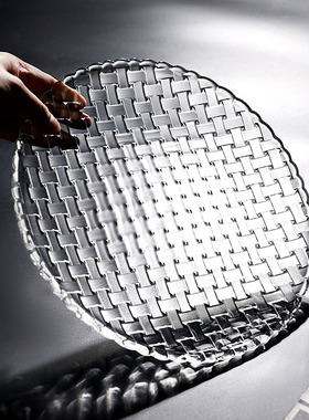 简约透明玻璃水果盘编织大号圆盘装草莓切水果拼盘蛋糕点心盘托盘