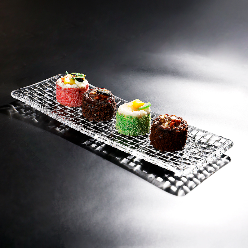 创意编织格纹水果盘长方形透明玻璃干果茶点盘摆放寿司蛋糕长托盘