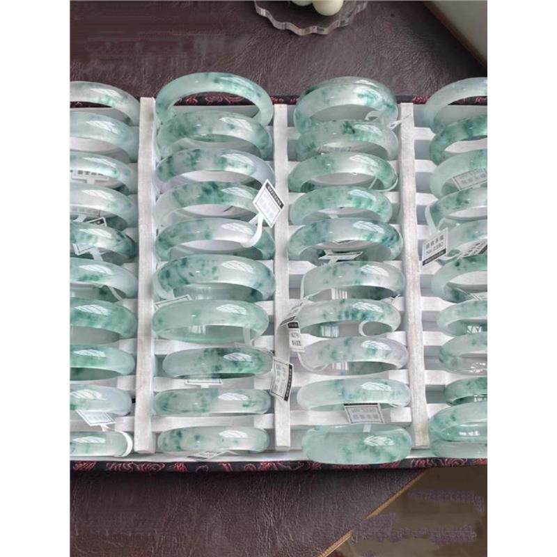 天然冰种飘花A圆条翡翠手镯缅甸a货玻璃种飘绿花玉镯正圈女款送人