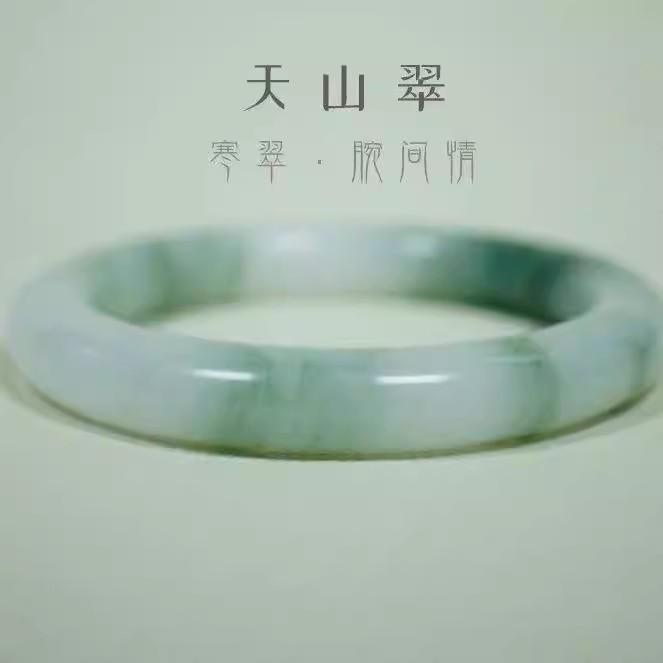 天山翡翠手镯女士首饰送妈妈翡翠色圆条玉镯正圈冰种白月光饰品镯