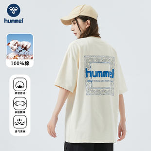 hummel官方夏季短袖T恤男女情侣重磅抗皱腰果花短袖