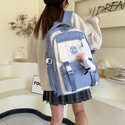 书包女日系工装风美式复古大容量背包高中学生初中生撞色双肩包女