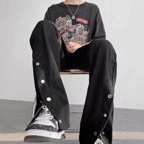 欧美风拉链排扣牛仔裤男潮牌小众